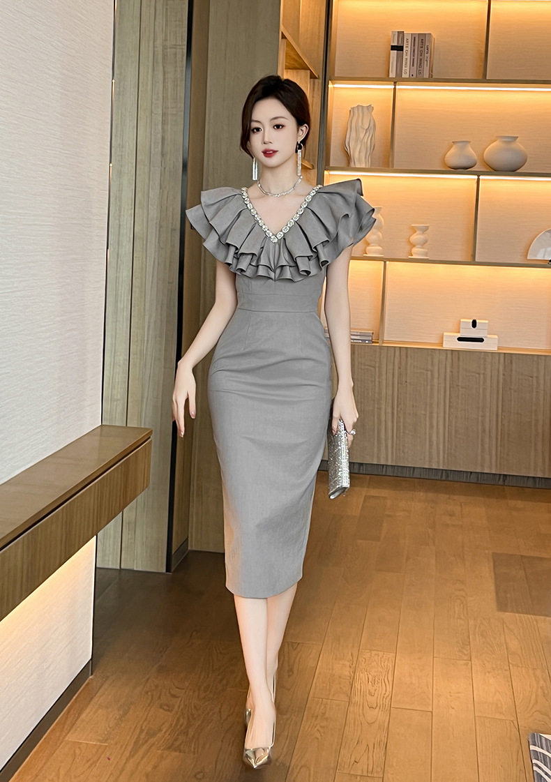 Đầm ôm body nữ cổ V eo cao tay bèo — [Xám] chi tiết 9