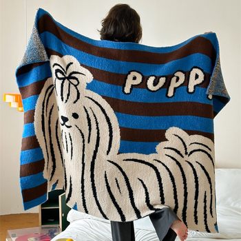 American Blue Striped Puppy Multifunctional Knitted Half Blanket Lunch Break Blanket Throw Blanket Thickened Blanket Bedroom