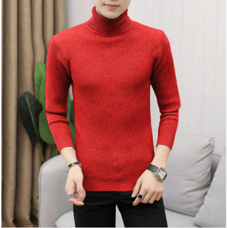 跨境秋冬外贸批发男士高领毛衣欧美码休闲纯色竖纹套头打底线衫男