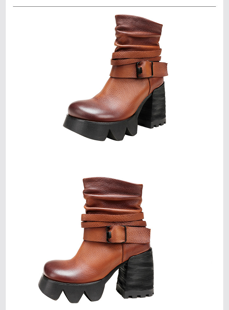 Boot nữ da bò thật gót thô cao cổ ôm bắp chân khóa kéo bên — Màu đen, Màu nâu đậm