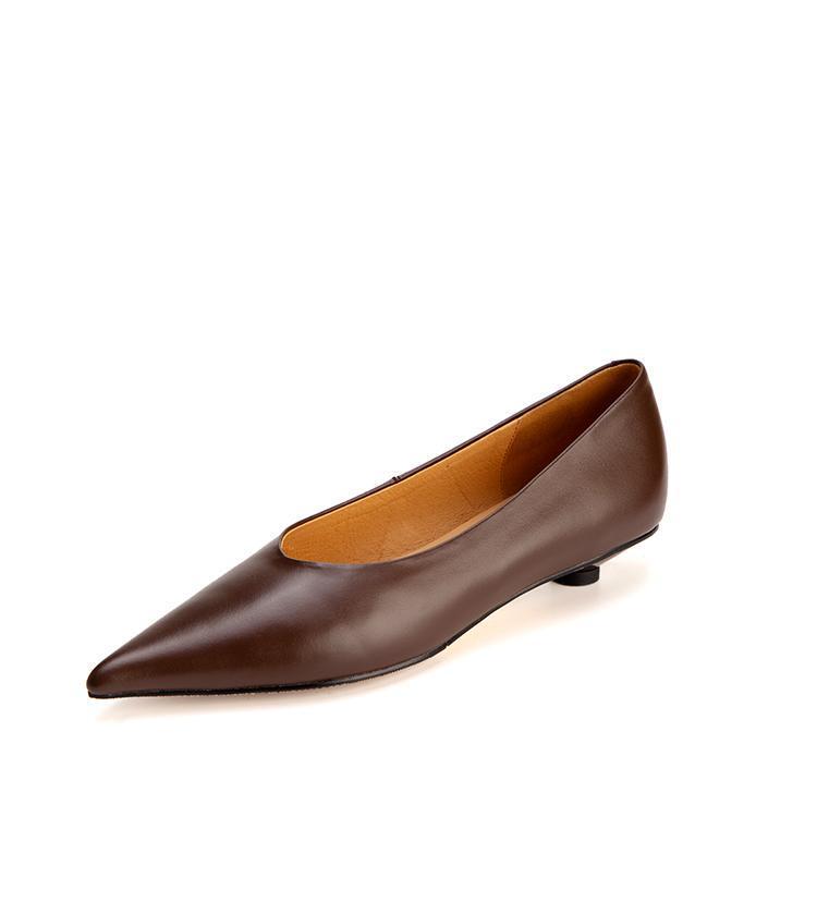 Giày cao gót nữ mũi nhọn gót thô 3cm da bò thật, giày slip-on thanh lịch dễ phối đồ — Chu Guli, Màu trà sữa, màu xanh mờ