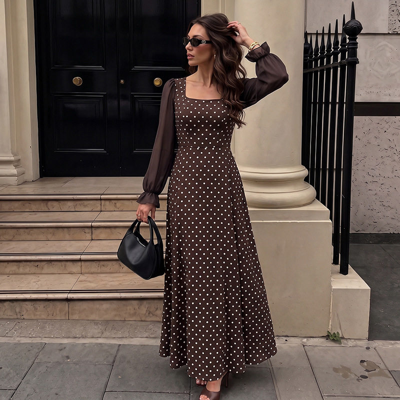 French Style Polka Dot Long Sleeve Dress Elegant Square Neck Chic Patchwork Design Perfect for Spring and Summer Events