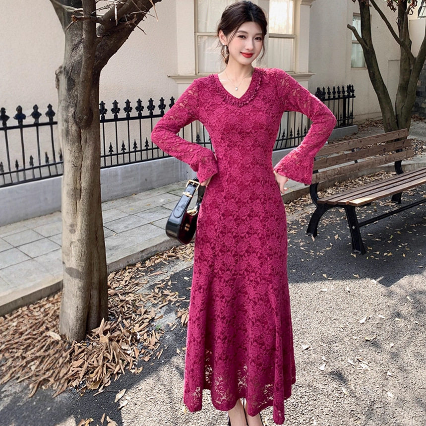 Elegant Velvet Lace Dress High End Slim Fit Mermaid Style Autumn Winter Occasion Wholesale Available