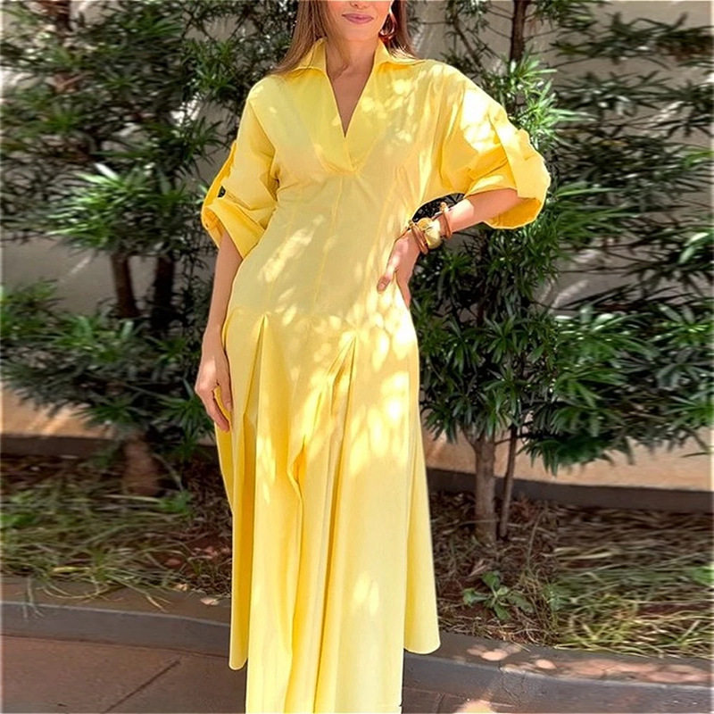 Womens Summer Dress Elegant Solid Color V Neck Pleated Design Perfect for Casual or Formal Occasions Wholesale