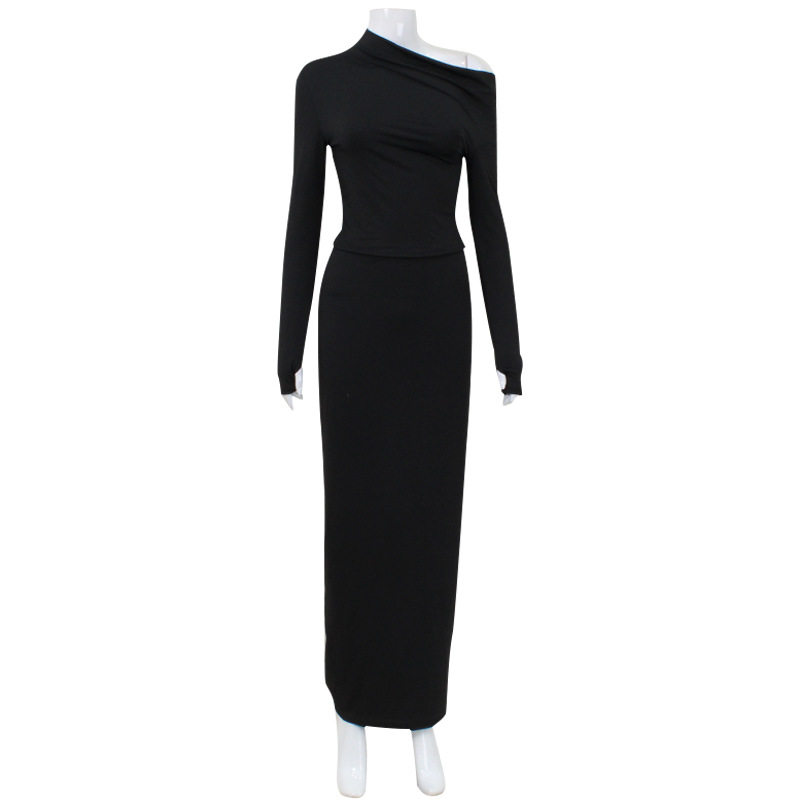 Irregular Design Long Sleeve Top and Midi Skirt Set Elegant Solid Color Slim Fit Versatile for Casual or Formal