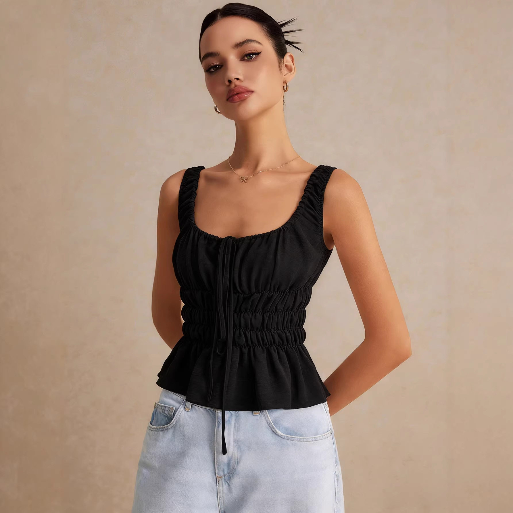 Sweet Ruffled Hem Drawstring Cami Top Square Neck Slim Fit Backless Flowy Design Casual Summer Wear Wholesale