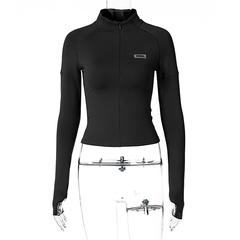 Slim Fit Half Turtleneck Long Sleeve Top Zipper Closure Lightweight Fabric Trendy Style Perfect for Casual Outings
