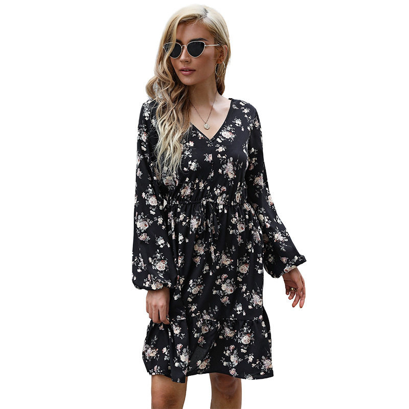 Fashion Womens Black Floral Print Long Sleeve V Neck Dress Stylish Elegant Versatile Perfect for Parties or Casual