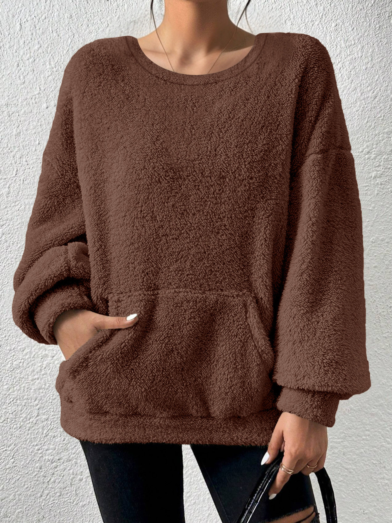 Casual Sweatshirt Solid Color Round Neck Long Sleeve Pocket Design Autumn Winter Fashion Wholesale Available