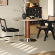 Minimalist Solid Wood Dining Table Viya Round Table for Home Use, Small Apartment Vintage Travertine Stone Slab Table and Chair 