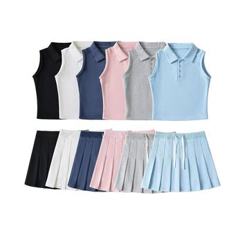 2024 New Spice Girl Slim-Fit Solid Color POLO Collar Sleeveless Vest Loose Waist Tennis Skirt Pleated Skirt Two-Piece Set