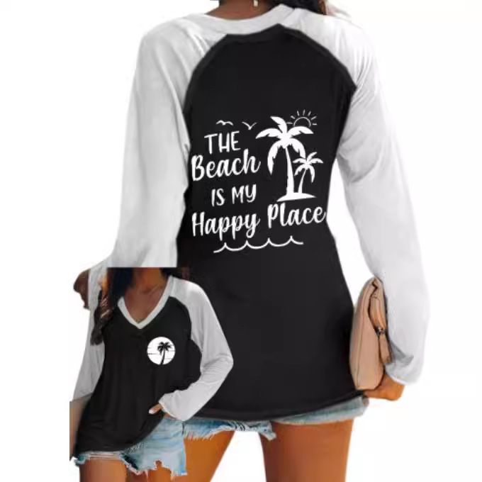 外贸跨境夏季女装简约休闲v领长袖T恤印花T恤女 独立站厂家货源