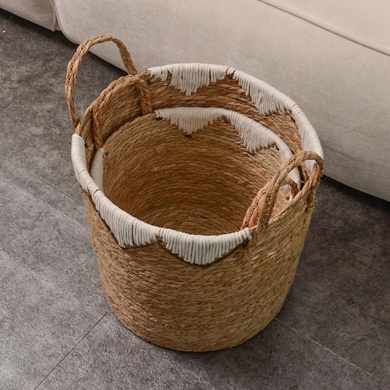 Scandinavian Straw Woven Satchel Storage Basket Home Decoration Storage Basket Cattail Woven Storage Dirty Clothes Storage Basket
