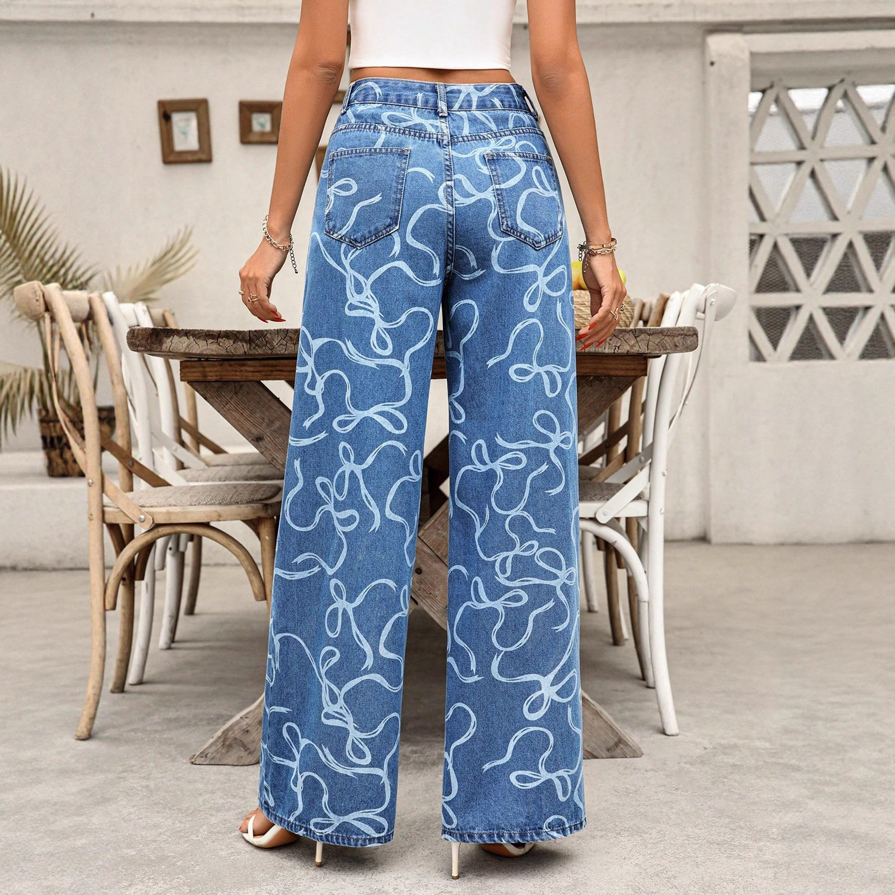 Casual Wide Leg Printed Denim Pants Fashionable Versatile Relaxed Fit Ideal for Everyday Wear Wholesale Available