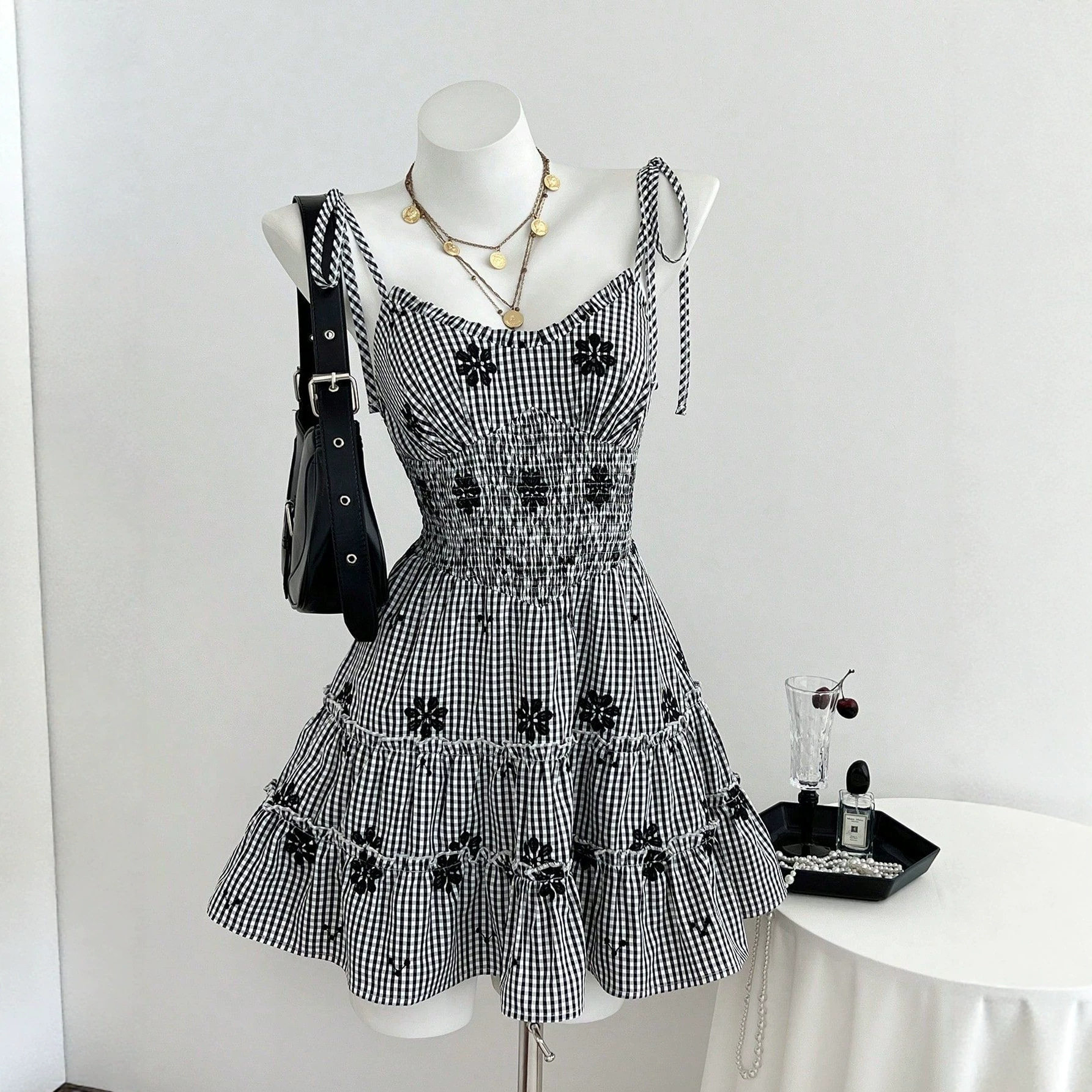 Summer Plaid Ruffle Hem A Line Dress Waist Defining Elegant Lightweight Fabric Perfect for Casual Outings Ready to