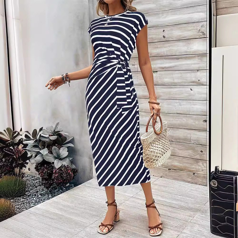 Elegant Striped Maxi Dress Waist Tie Round Neck Short Sleeve Summer Fashion for Women Wholesale Available