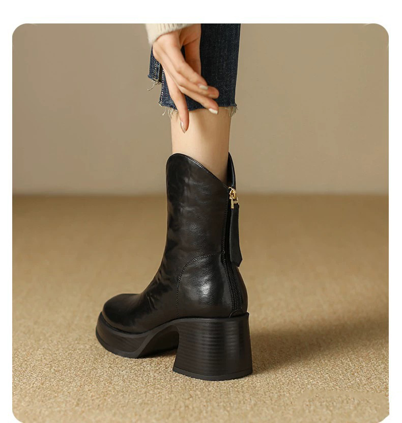 Boot nữ cổ thấp gót thô phong cách thời trang thanh lịch — Màu đen, Màu nâu