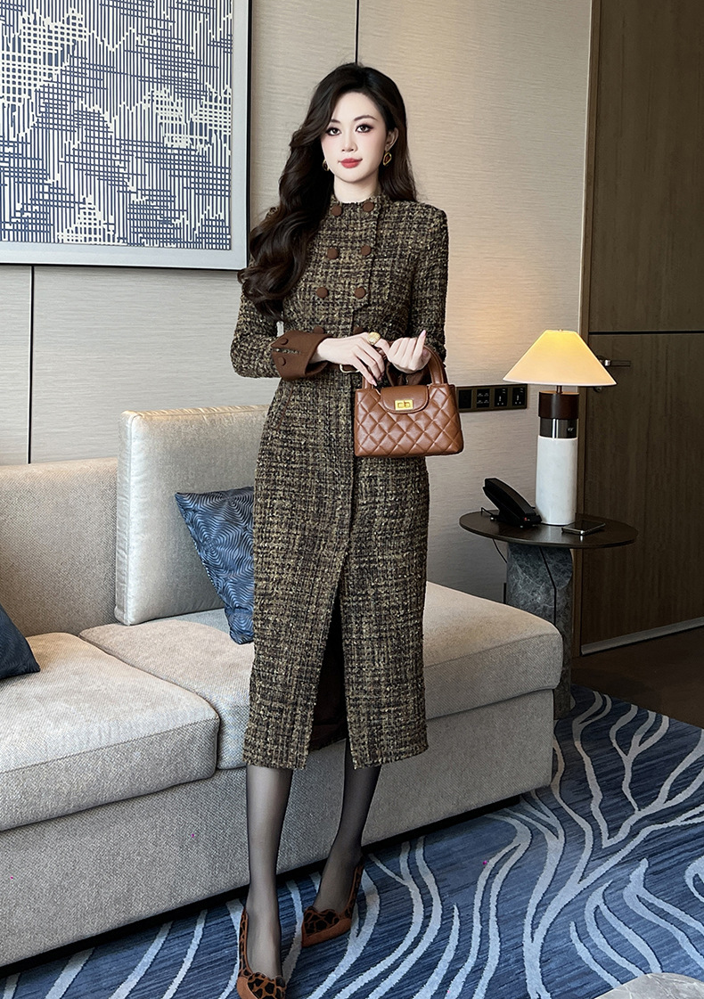 Đầm tweed nữ dài tay hai hàng khuy thắt eo ôm hông — Màu tím, Màu cà phê sữa
