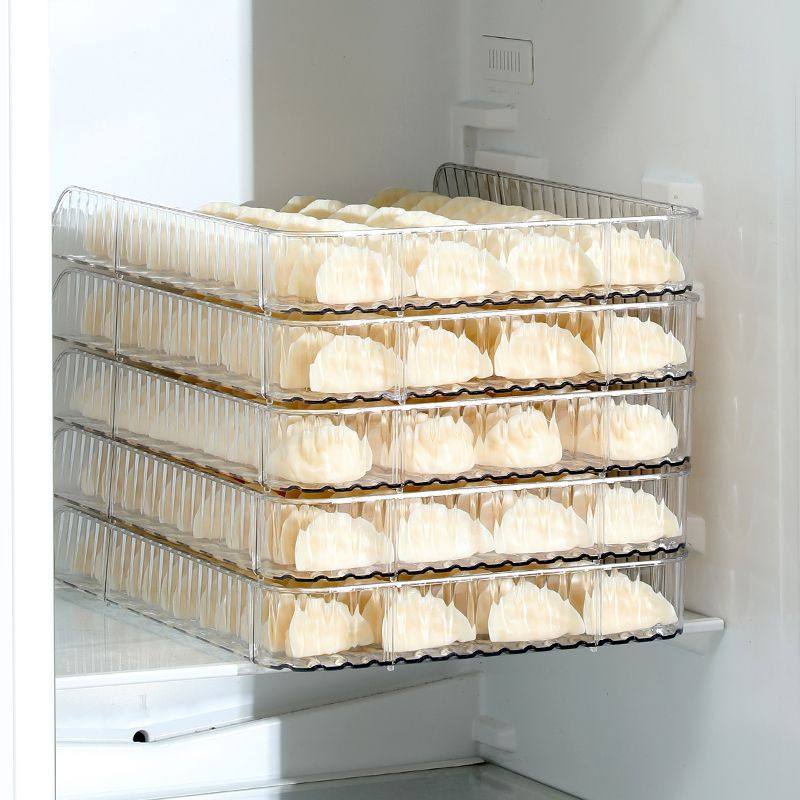 New Large-Capacity Quick-Frozen Special Tray Cover Curtain Household Storage Box Plastic Dumpling Box Narrow Edge Multi-Layer Dumpling Curtain