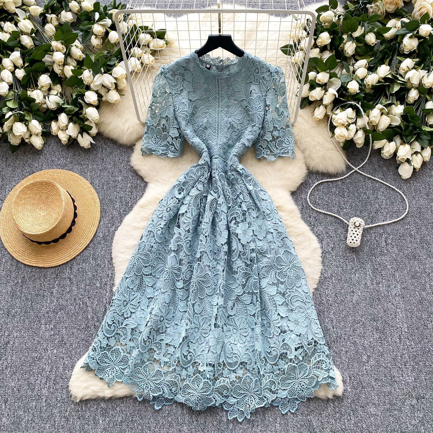 Lace Short Sleeve A Line Dress for Women Elegant Hollow Out Design Summer Cocktail Party Wear