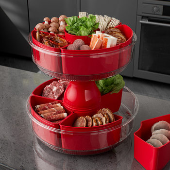 Thickened Hot Pot Plate with Compartments, Double-Layer Draining Basket, Household Rotating Vegetable Basket with Lid, Sealed Fruit Plate, Vegetable Platter