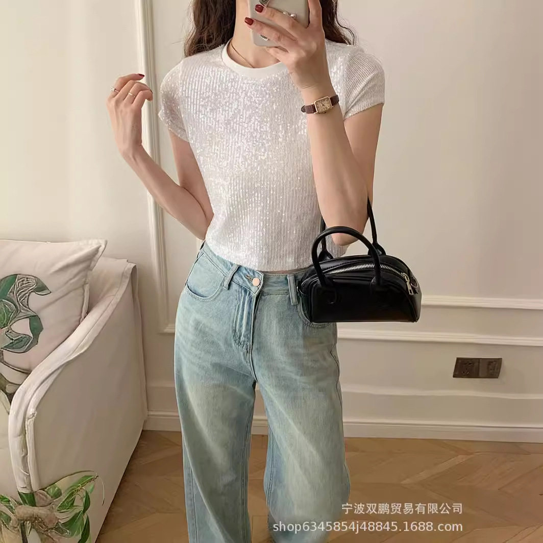 Summer Womens Sheer Mesh Top Short Sleeve Sequin Detail Pastel Colors Casual Wear Wholesale Available