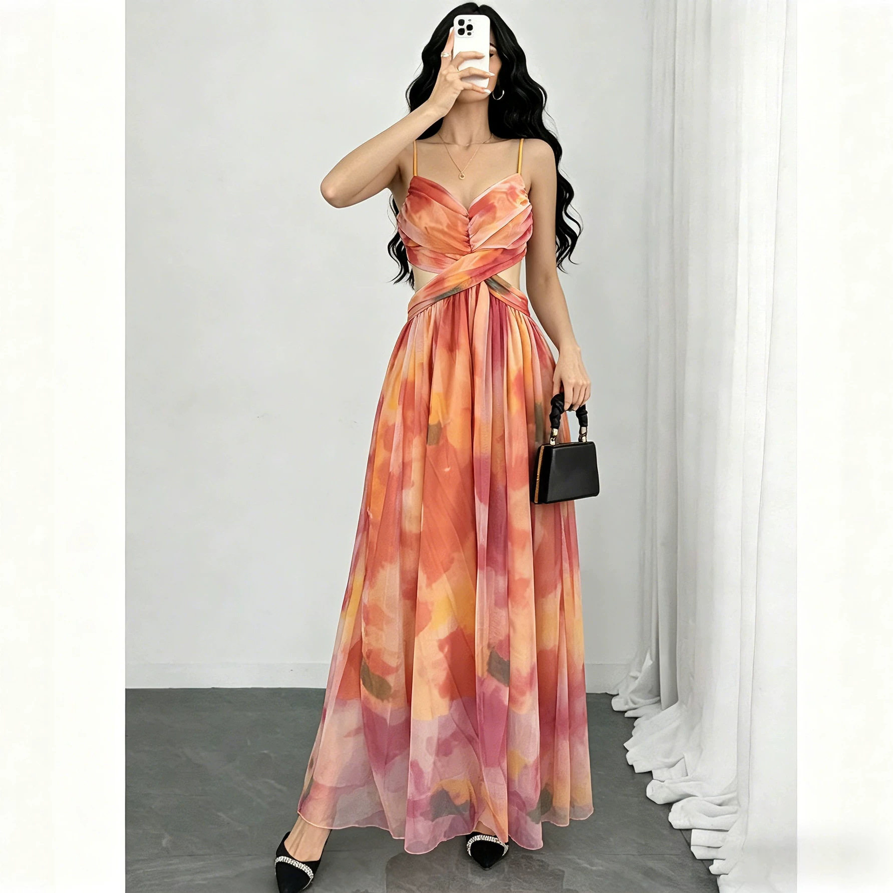 Orange Floral Print Maxi Dress Elegant Sleeveless Design Perfect for Beach Vacations Wholesale Available