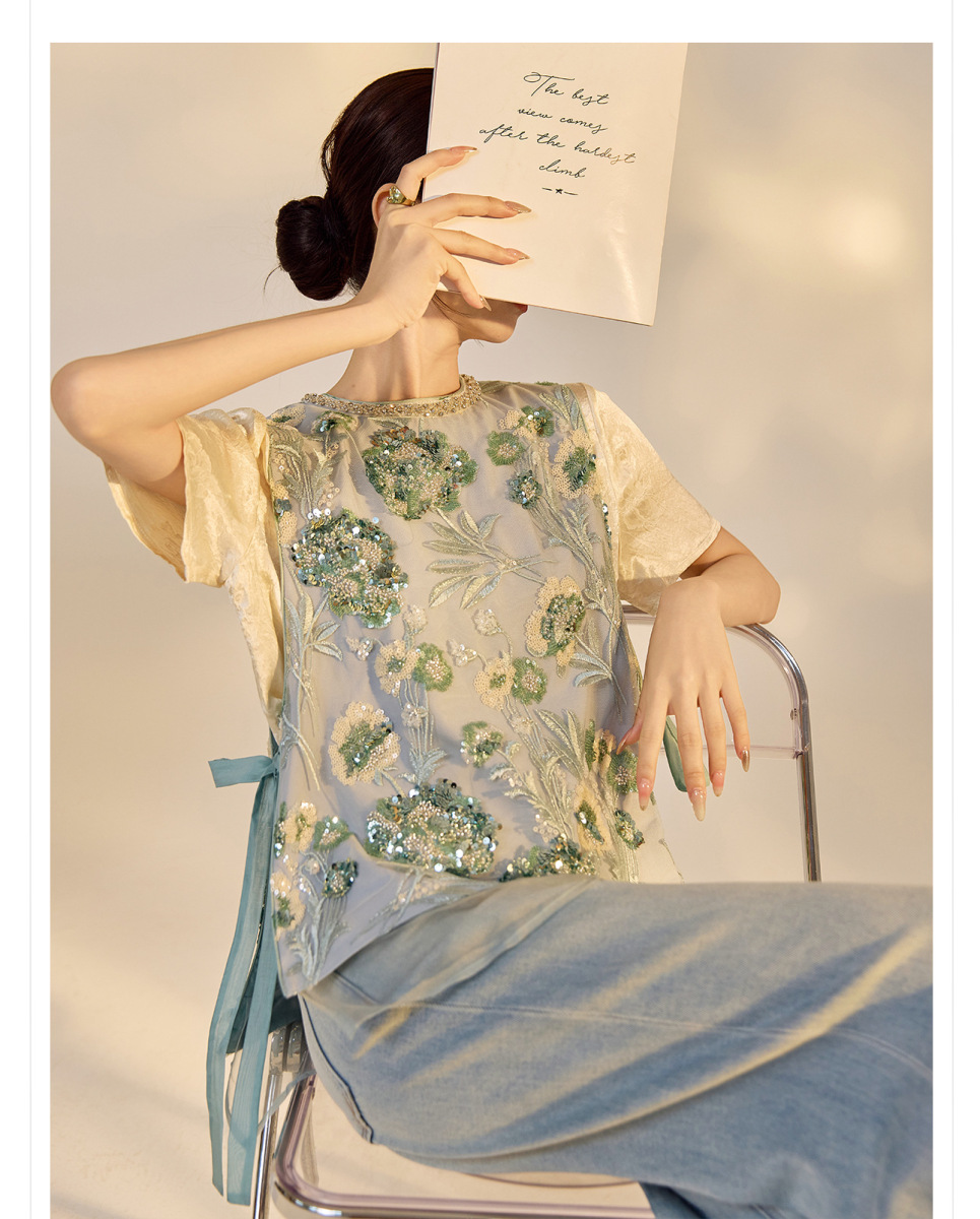 Áo vest nữ thêu cườm đính đá cổ tròn phối hoa văn — Jiyue Blue (giao hàng trong 7 ngày), Jiyue Blue (phát hành cùng ngày)