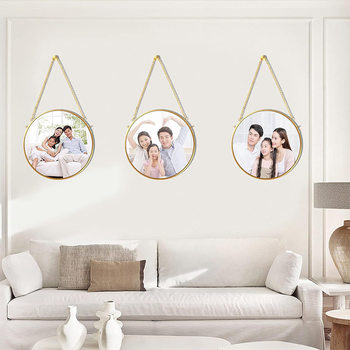 Round Brass Hanging Photo Frame Embossed Double Sided Glass Frame Transparent DIY Retro Art Wall Mounted Photo Frame