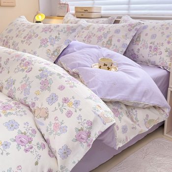 Ins Style Cotton Four-piece Set 100 Cotton Fresh Style Floral Quilt Cover Dormitory Bed Sheet Three-piece Set Bedding