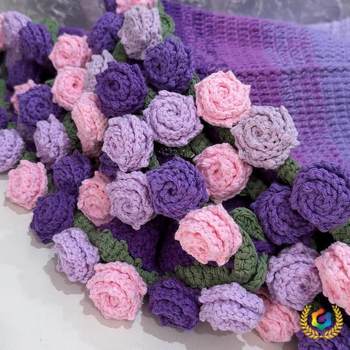 ✅ Gradient Purple Pointed Rose Bouquet Blanket Finished Product Eternal Flower Nap Blanket Hand-Woven Decorative Blanket