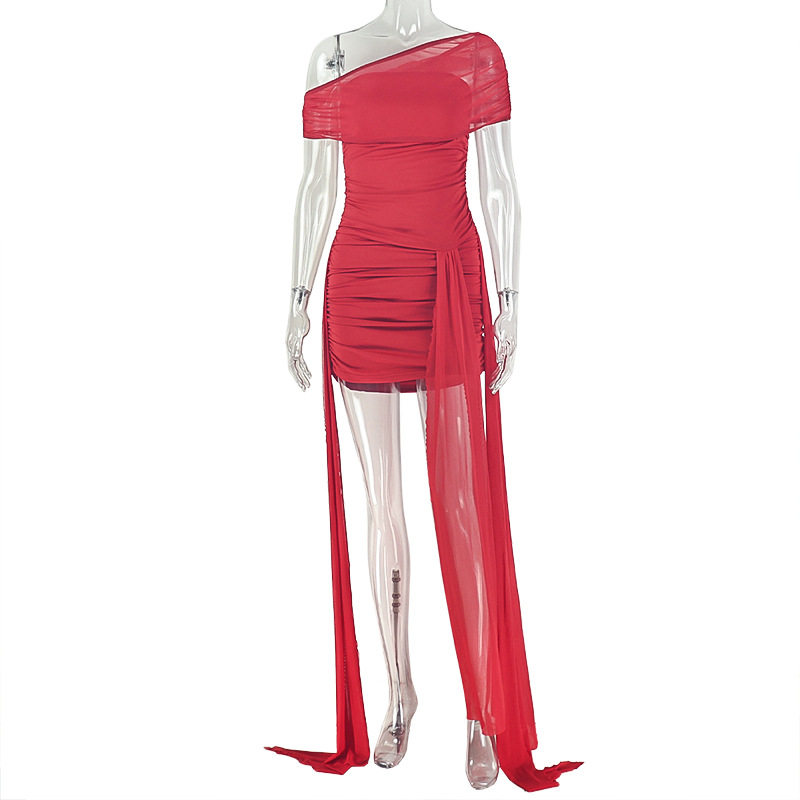 Solid Color Off Shoulder Bodycon Dress Mid Length Short Sleeve Split Design Casual Fashion for Women Wholesale