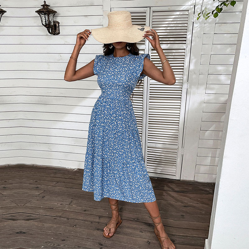 Summer Midi Dress High Waist Blue Floral Print Fresh and Sweet Style Perfect for Casual Outings Wholesale Available