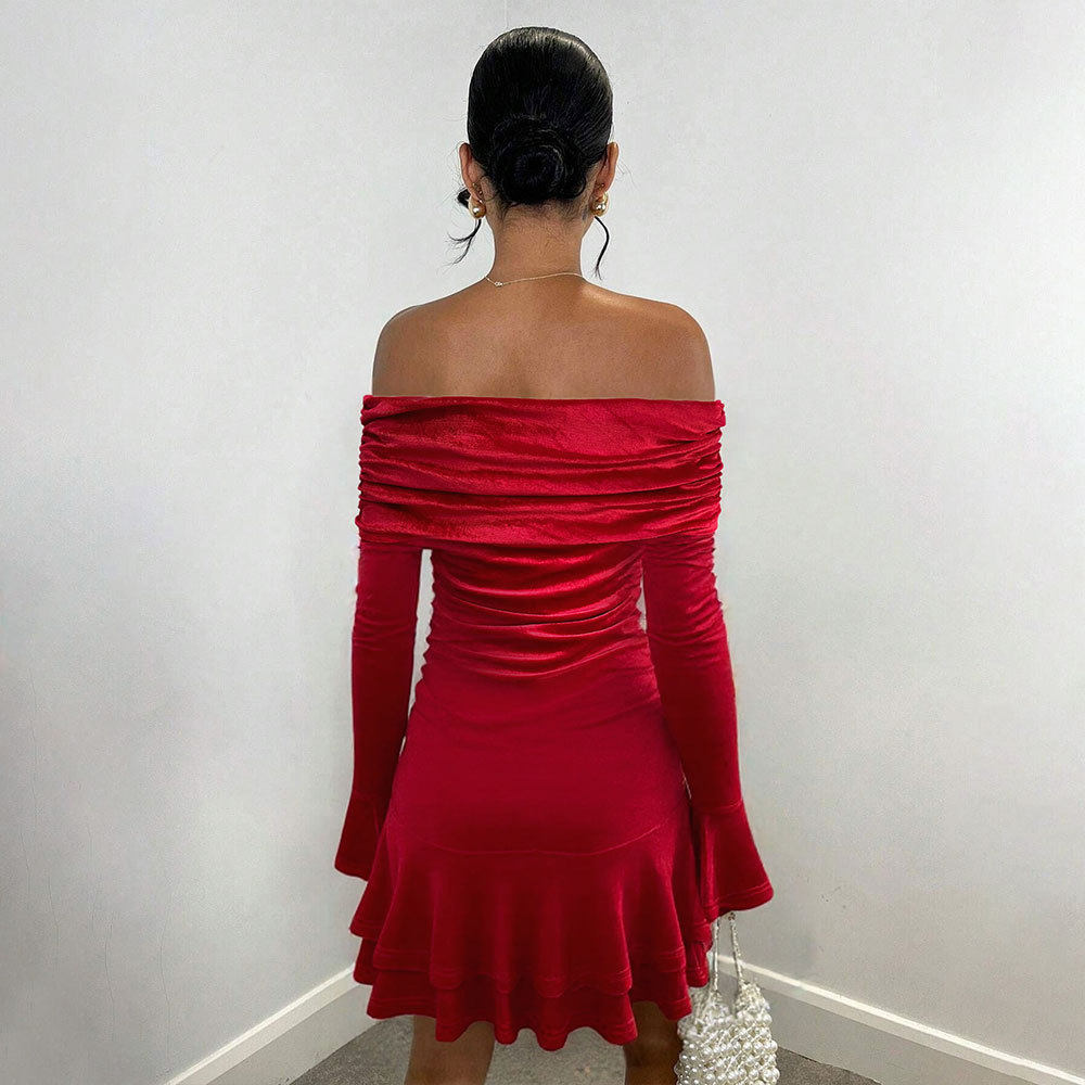 Velvet Off Shoulder Bodycon Dress Sexy Ruffle Long Sleeves Spring Summer Fashion Wholesale Available