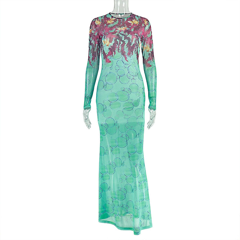 Vintage Floral Print Bodycon Dress High Neck Long Sleeve Slim Fit Elegant Style for Parties and Events Wholesale