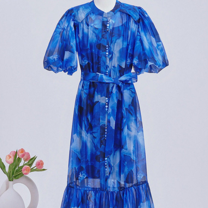Long Sleeve Puff Sleeve Shirt Dress Waist Defining Floral Print Button Closure Spring Fashion for Women OEM