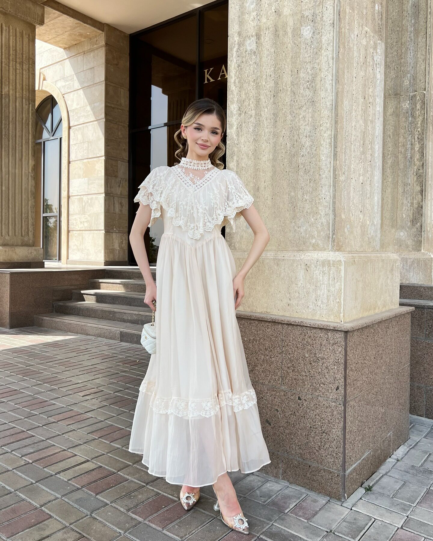 Elegant Vintage White Lace Panel Maxi Dress Lightweight Flowing Summer Style Perfect for Parties and Special Occasions