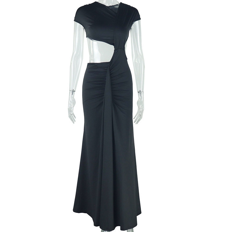 Street Style Fish Tail Dress Sleeveless Asymmetrical Neckline Pleated Design Solid Color Casual Wear for Summer