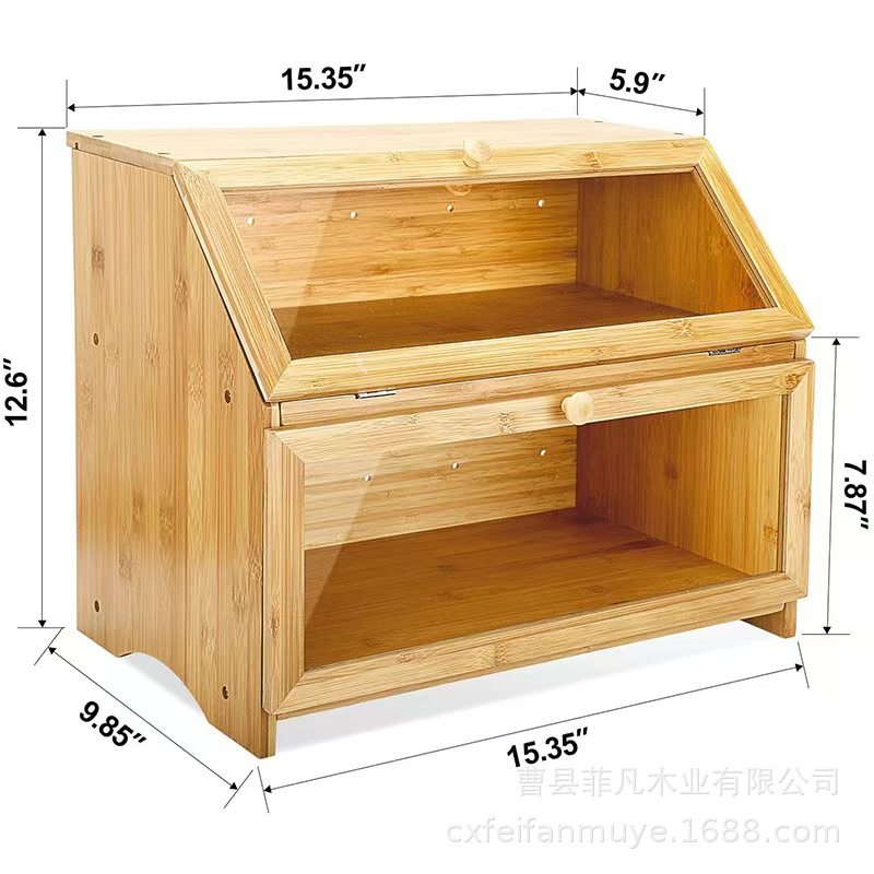 Bamboo bread box acrylic transparent double layer large capacity bread storage box wholesale kitchen dustproof sealed box
