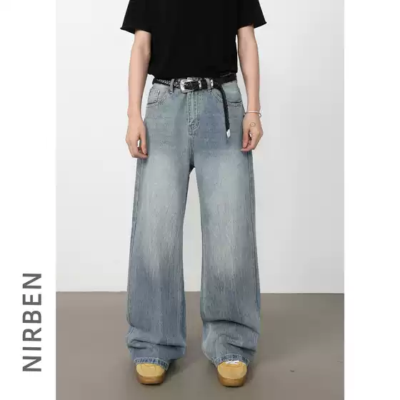 Nirben Denim | American Retro Washed Simple Jeans for Men, Trendy Brand Loose Straight-Leg Versatile Wide-Leg Pants