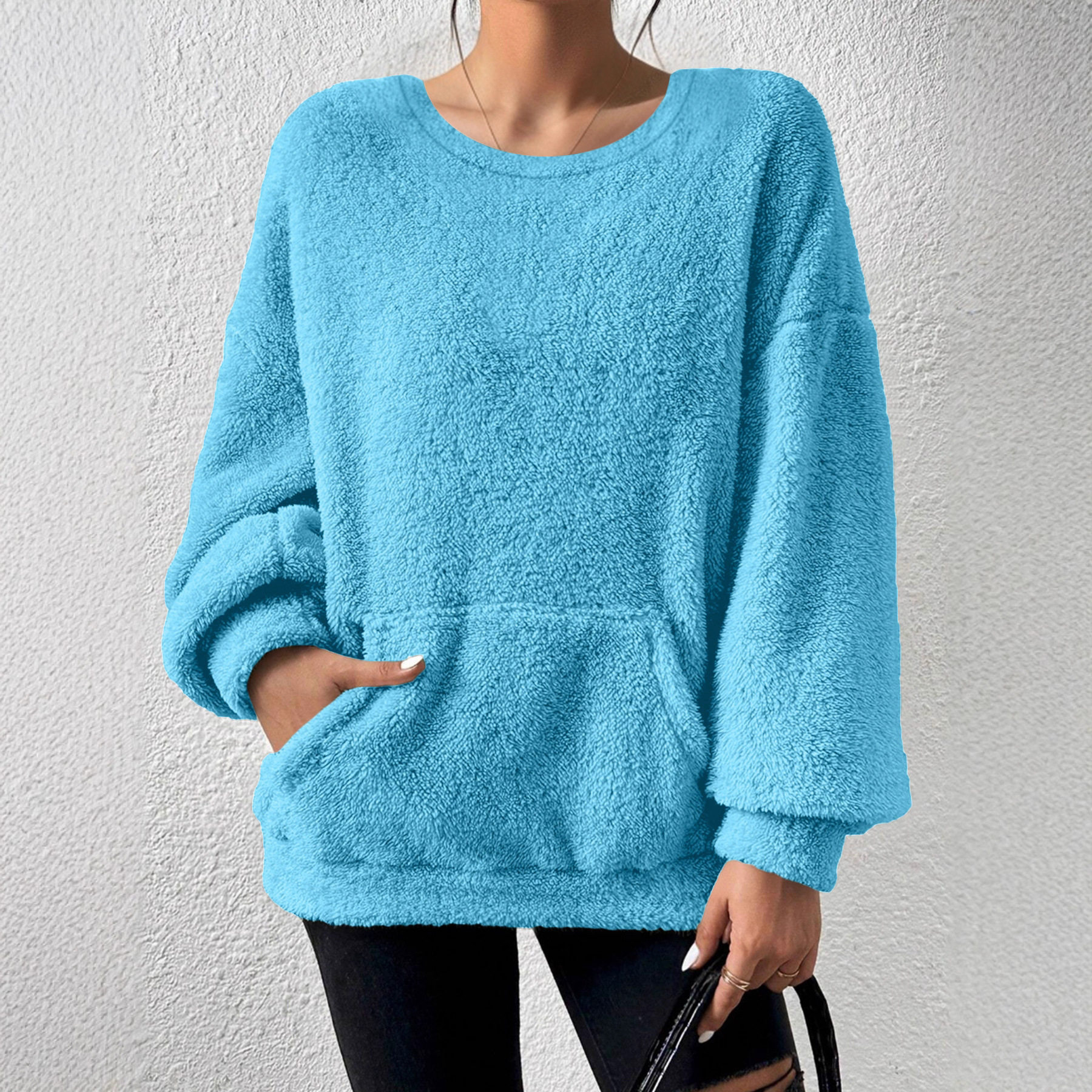 Casual Sweatshirt Solid Color Round Neck Long Sleeve Pocket Design Autumn Winter Fashion Wholesale Available
