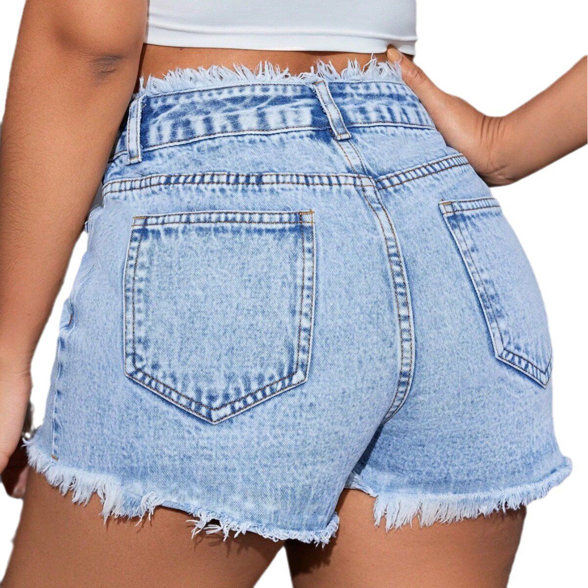 High Waisted Denim Shorts Slim Fit Frayed Hem Versatile Style Casual Summer Wear Ready to Ship