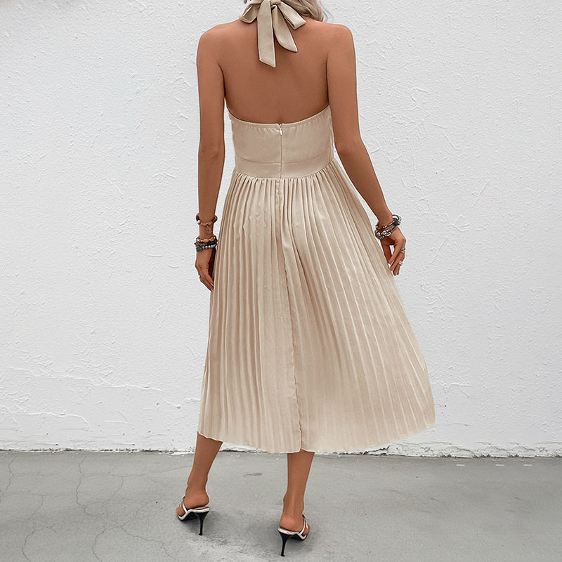 Summer Pleated Maxi Dress Solid Color Halter Neck Elegant Style Perfect for Vacation and Resort Wear Wholesale