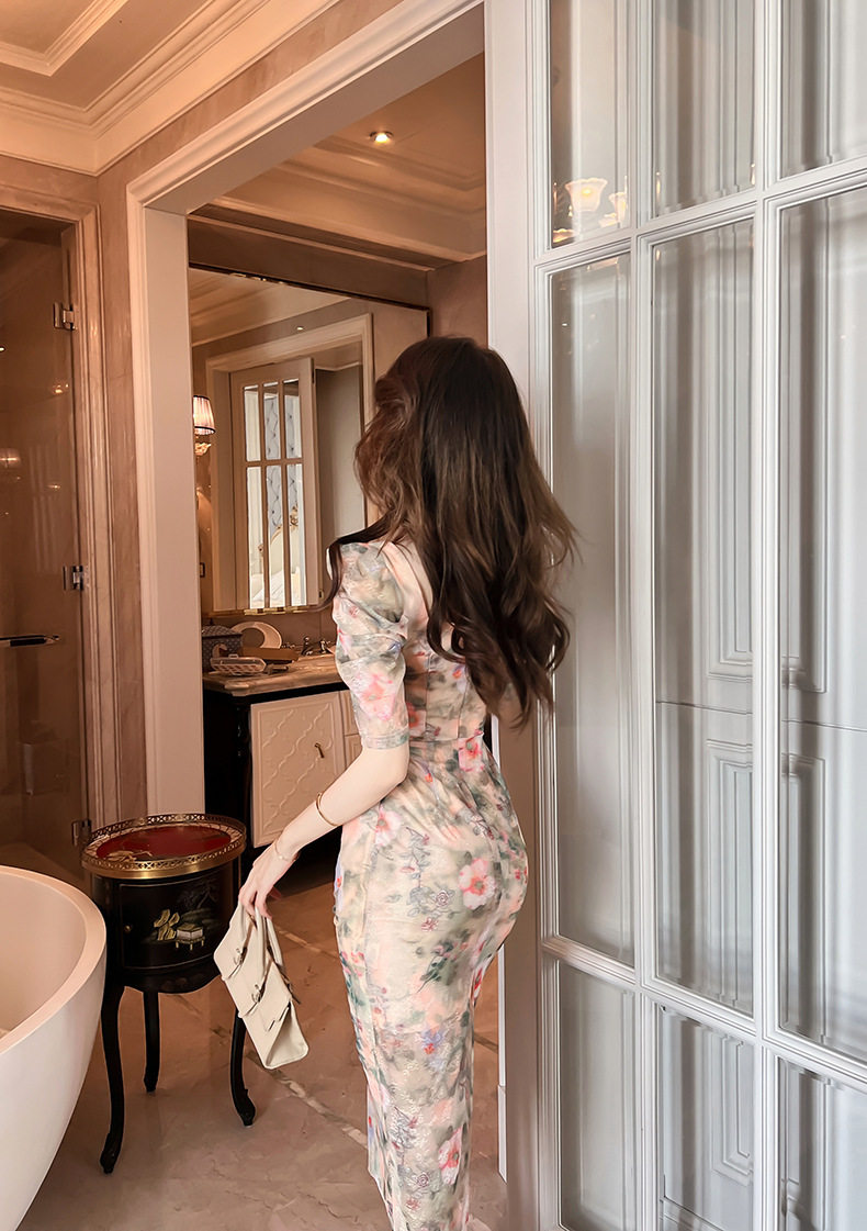 Đầm maxi nữ thắt eo cổ vuông họa tiết hoa retro Pháp — [Xanh lá] chi tiết 15