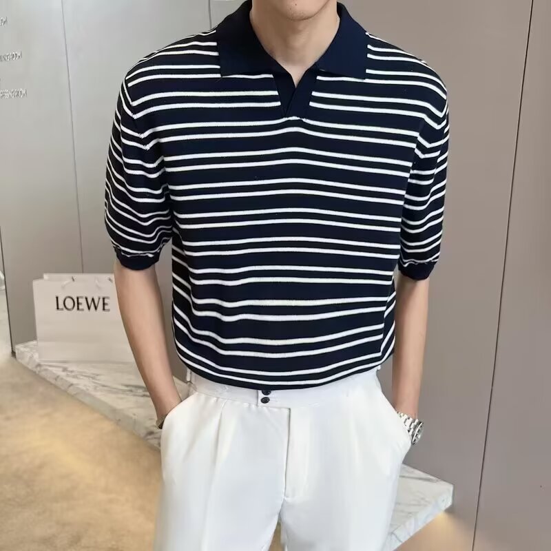 2025针织polo衫男日常百搭短袖夏季翻领简约半袖轻熟休闲条纹上衣