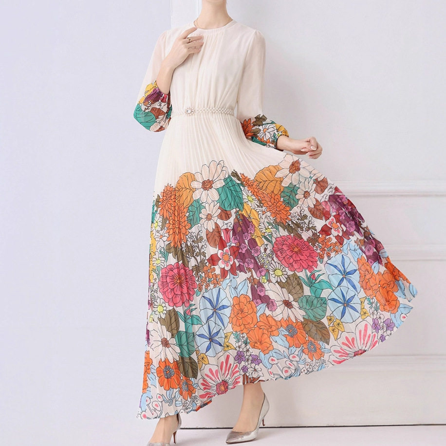Elegant French Style Womens Dress High End Aesthetic Waist Tie Design Fashionable Floral Print Pleated Long Skirt