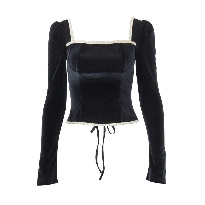 French Style Womens Dress Square Neck Backless Slim Fit Lace Trim Long Sleeve Elegant Evening Wear Wholesale