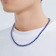 European and American Cross-Border Hip-Hop Rhinestone Necklace, High-End Tennis Necklace, Trendy Brand Men's Light Luxury Blue Diamond Necklace Wholesale