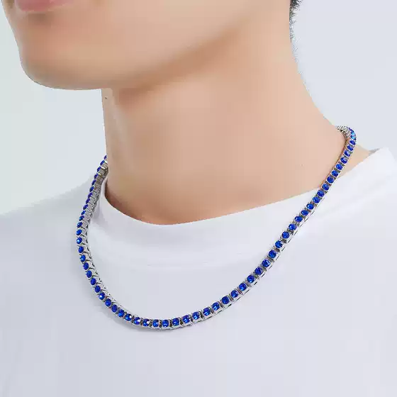 European and American Cross-Border Hip-Hop Rhinestone Necklace, High-End Tennis Necklace, Trendy Brand Men's Light Luxury Blue Diamond Necklace Wholesale