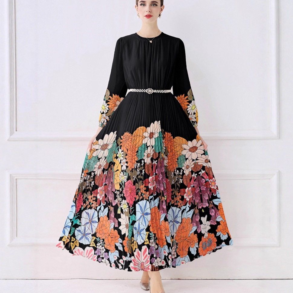 Elegant French Style Womens Dress High End Aesthetic Waist Tie Design Fashionable Floral Print Pleated Long Skirt